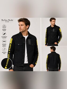 MacKeen Market Men’s Black Yellow Graphic Denim Jacket NWT Size M